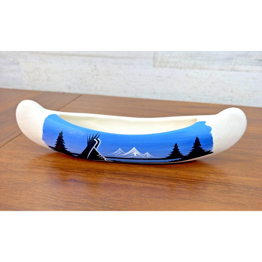 Vintage Navajo Pottery Canoe Small Planter Handmade Hand Paint 8" Clay Signed